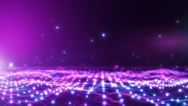 Glühen Sie lila blaue digitale Landschaft mit Würfelpartikeln