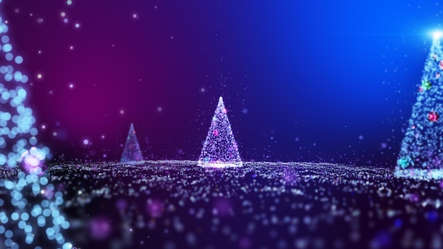 Glühen Sie rosa lila blaue Partikel glitzernder Weihnachtsbaum beleuchtet Bewegungsgraphikhintergrund.