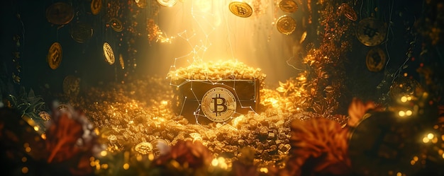 Glühende Bitcoin-Schatzkiste in einer mystischen Umgebung inmitten von Goldmünzen digitale Währung Konzept Illustration KI