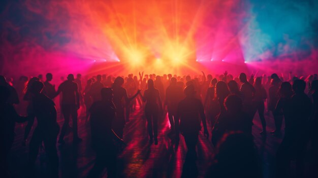 Foto glühende disco-lichter beleuchten eine überfüllte tanzfläche mit silhouetten von tänzern