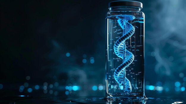 Glühende DNA-Helix in einer Laborflasche auf einem technisch inspirierten Hintergrund