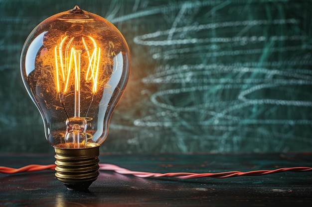 Glühende Edison-Glühbirne und grüne Tafel Konzept der Innovation Ideen und Inspiration