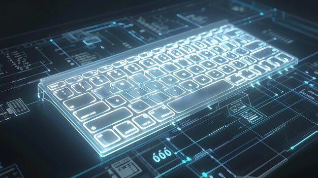 Foto glühende futuristische tastatur 3d-rendering einer transparenten tastatur mit hellem hintergrundlicht auf einem dunklen hintergrund mit einem technologischen muster