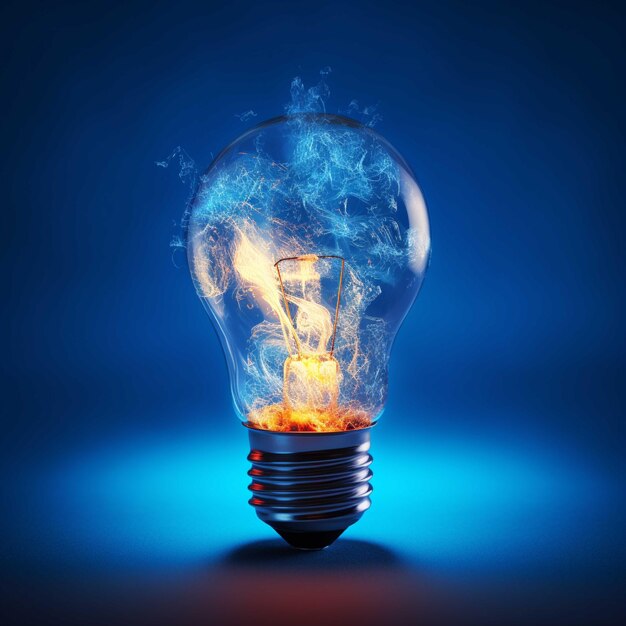 Glühende Glaslampe auf blauem Hintergrund 3D-Rendering