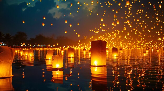 Foto glühende laternen auf dem wasser erzeugen eine goldene aussicht