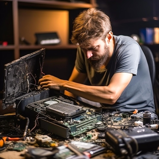 Foto glühende leiterplatten mit komplexer technologie im inneren eines modernen computers, erzeugt durch ki