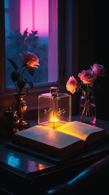 Glühende Liebeslampe mit offenem Buch Romantische und warme bequeme Nuance in einem Leseraum