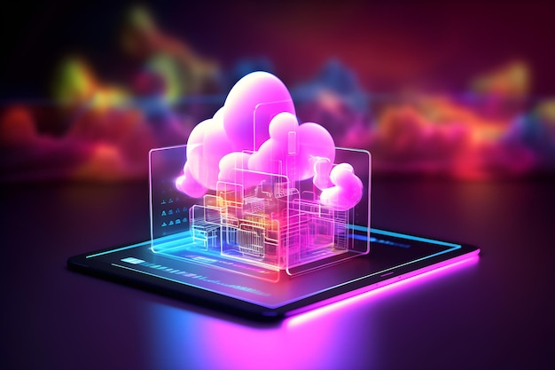 Glühende Neon-Cloud-Computing in 3D auf Tablet Cloud-Netzwerk-Verbindung und Online-Datenspeicherung Daten-Internet-Dienst in futuristischer Technologie und Innovation Generative KI