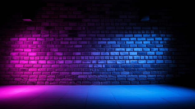 Glühende Neonlichter in Schattierungen von Pink, Lila und Blau beleuchten eine schwarze Ziegelwand und erzeugen im Dunkeln einen dramatischen Effekt