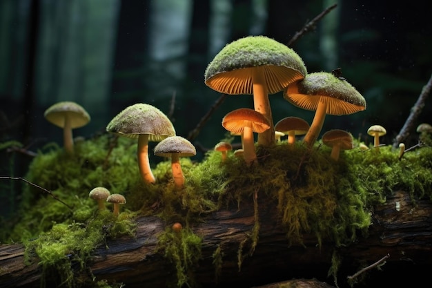 Glühende Pilze auf einem mit Moos bedeckten Baumstamm in der Nacht, die mit generativer AI erzeugt wurden