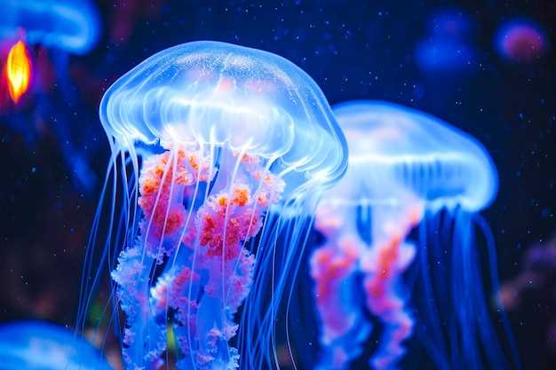 Foto glühende quallen, die anmutig unter wasser treiben, ihre tentakeln in einem tiefblauen ozeanischen hintergrund.