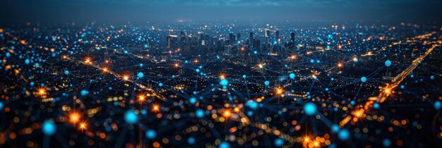 Glühende Stadtlandschaft nachts aus der Luft