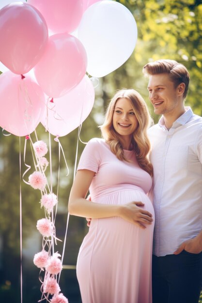 Glühende zukünftige Eltern mit rosa Ballons im sonnigen Park