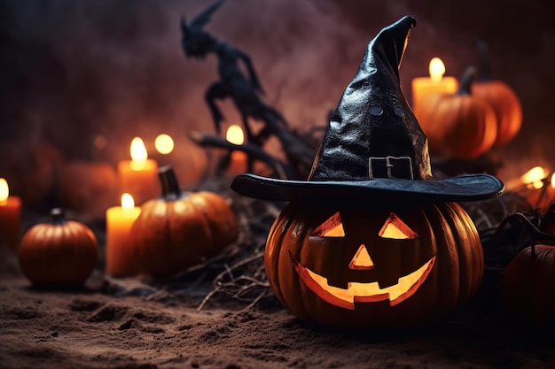 Glühender Halloween-Kürbis in Hexenhut mit Kerzen