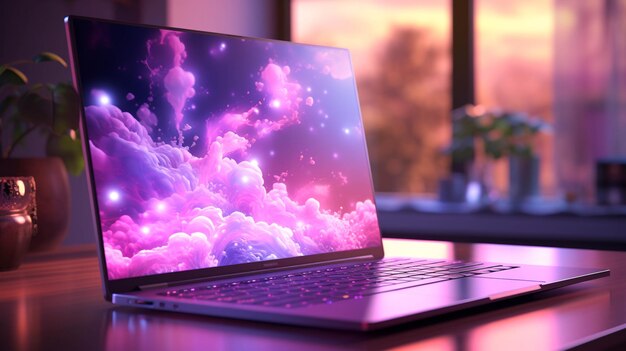 Foto glühender laptop auf rosa