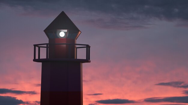 Glühender maritimer Leuchtturm am Sonnenunterganghimmel. Epische Aussicht