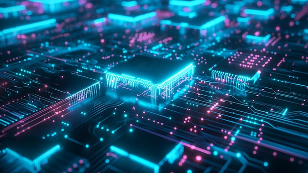 Glühender Neon-KI-Chip im technologischen Hintergrund
