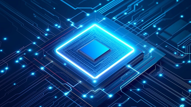 Glühender Neon-KI-Chip im technologischen Hintergrund