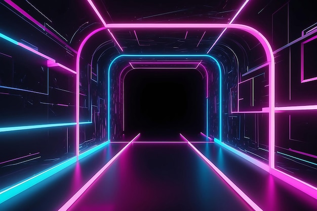 Glühender Neontunnel 3D-Render mit lebendigen Farben und Laser-Show-Vibes