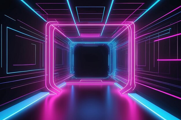 Glühender Neontunnel 3D-Render mit lebendigen Farben und Laser-Show-Vibes