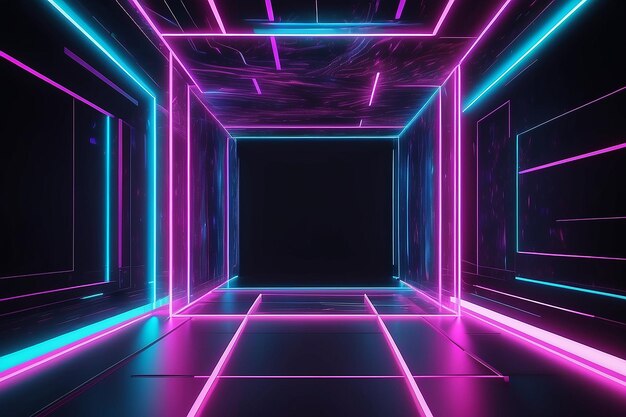 Glühender Neontunnel-3D-Render mit lebendigen Farben und Lasershow-Vibes