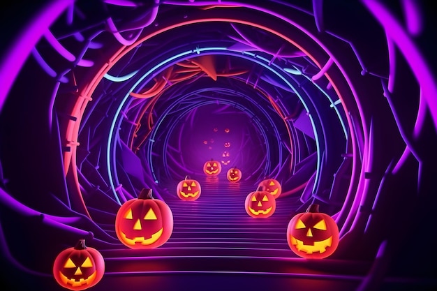 Glühender Neontunnel mit Halloween-Kürbis
