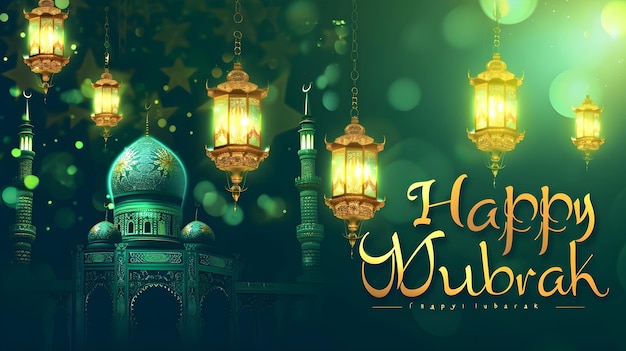 glühender Text Alles Gute zum Eid Mubarak in grünem islamischen Hintergrund geschrieben