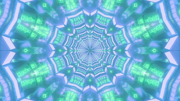 Glühender visueller Hintergrund der blauen und grünen farbigen 3D-Illustration mit leuchtendem neon-symmetrischem blumenförmigem kaleidoskopischem Muster, das endloses Tunneldesign bildet