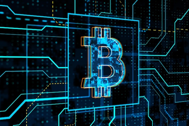 Glühendes Bitcoin-Hologramm auf verschwommenem Hintergrund Kryptowährung und Finanzkonzept 3D-Rendering