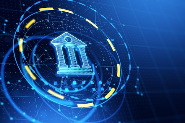 Foto glühendes blaues digitales bank-symbol auf blauem hintergrund mit modellplatz online-banking und transaktionskonzept 3d-rendering
