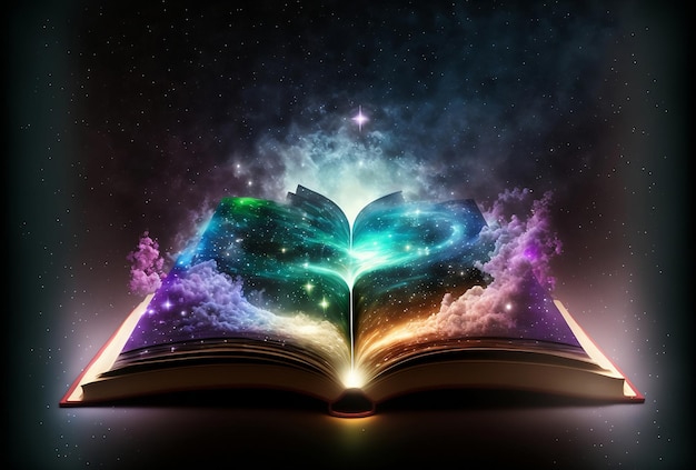 Glühendes Buch der magischen Fantasie auf dunklem Hintergrund