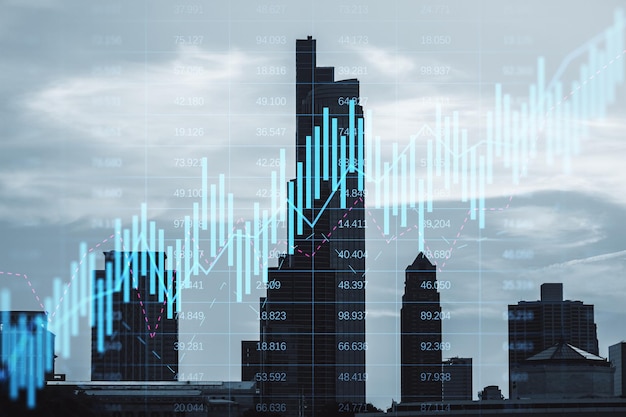 Glühendes Candlestick-Forex-Diagramm auf verschwommenem Stadthintergrund Handelsaktien und globales Finanzkonzept Doppelbelichtung