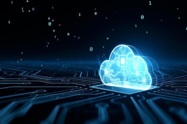 Glühendes Cloud-Hologramm Cloud-Computing-Technologie Internet am konvergierenden Punkt der Schaltung und abstrakter blauer Hintergrund Cloud-Service-Cloud-Storage-Konzept 3D-Rendering