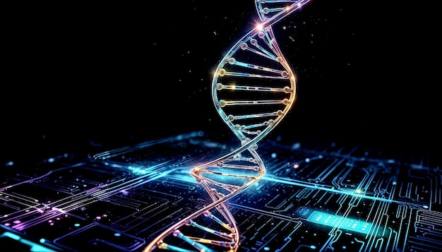 Glühendes DNA-Hologramm im technischen Hintergrund