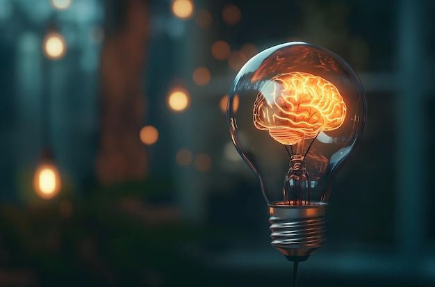 Foto glühendes gehirn in einer glühbirne konzeptuelle illustration von ideen und innovation