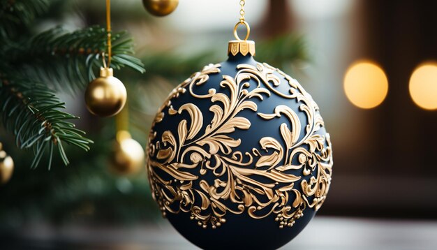 Foto glühendes goldenes ornament schmückt den weihnachtsbaum in einer eleganten winterszene, die von ki generiert wurde