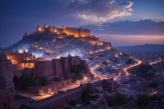 Glühendes Stadtbild in Jodhpur in der Dämmerung die majestätische Festung auf der Spitze dominiert die blaue Stadt landschaftlich