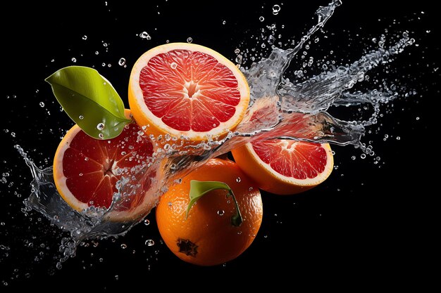Glühendes Wasser fällt auf saftige rote Orangen, die auf dem schwarzen Tisch steht.
