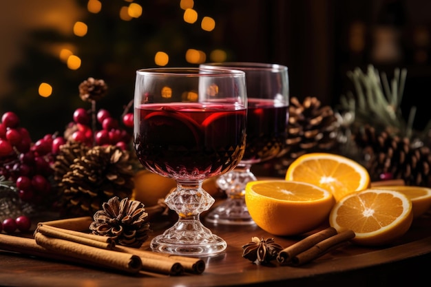 Glühroter Wein mit Gewürzen und Zitrusfrüchten Traditionelles Heißgetränk zur Weihnachtszeit Generative KI-Illustration