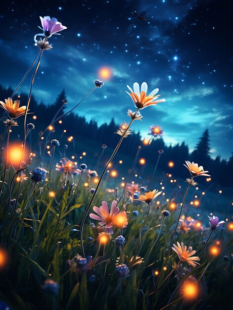 Glühwürmchen schweben über einem Feld von Wildblumen Magische Farben Hyperrealistische Illustration Photo Art