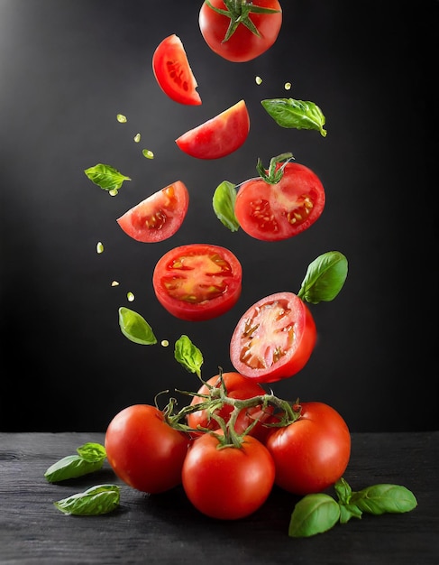 Glühwürmchen-Tomaten in der Luft schwarzer Hintergrund