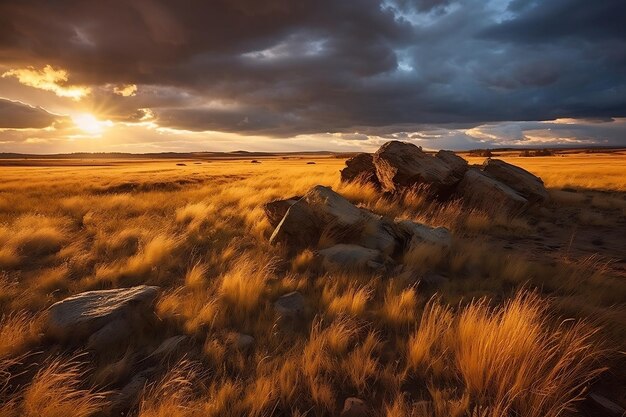 Gnarled Krummholz felsige Tundra-Ebene von Tussock-Gras, bedeckt mit Rime-Eis, Natur, Sonnenuntergang im Hintergrund