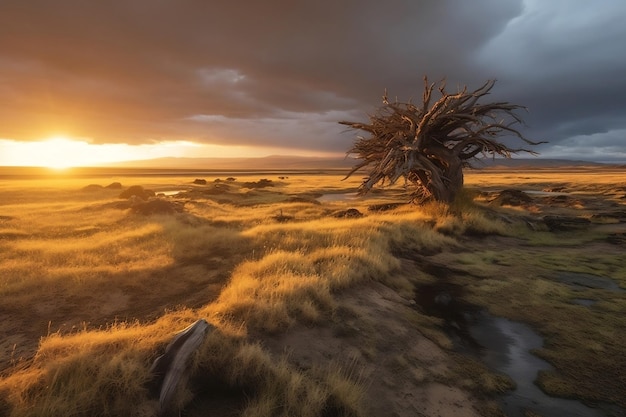 Gnarled Krummholz felsige Tundra-Ebene von Tussock-Gras, bedeckt mit Rime-Eis, Natur, Sonnenuntergang im Hintergrund