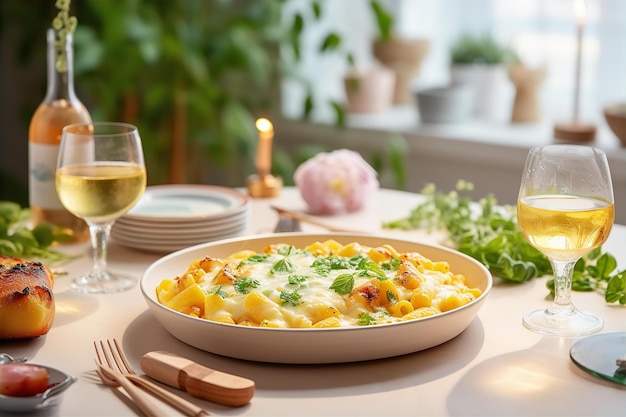 Gnocchi Alfredo assado com bebida para o pequeno-almoço na mesa de madeira e na área da sala de jantar