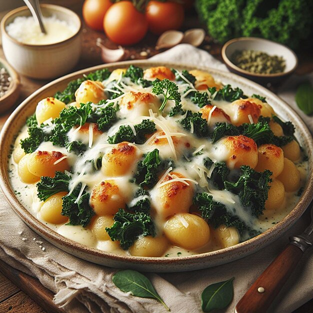 Gnocchi assado com queijo com couve