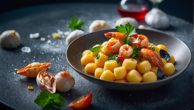 Gnocchi com frutos do mar deliciosos num restaurante