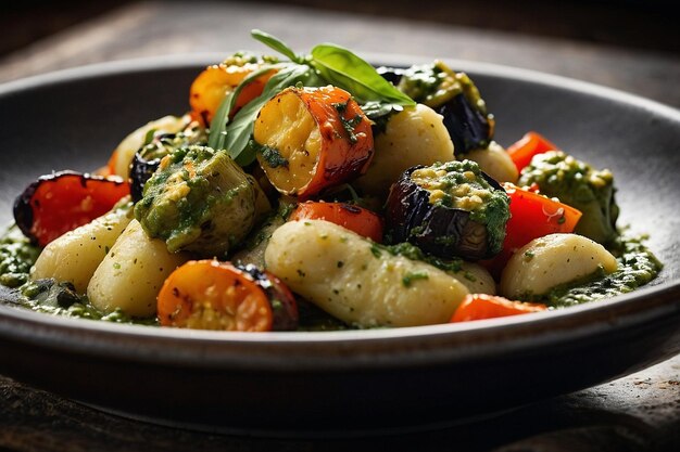 Gnocchi com legumes assados e pesto