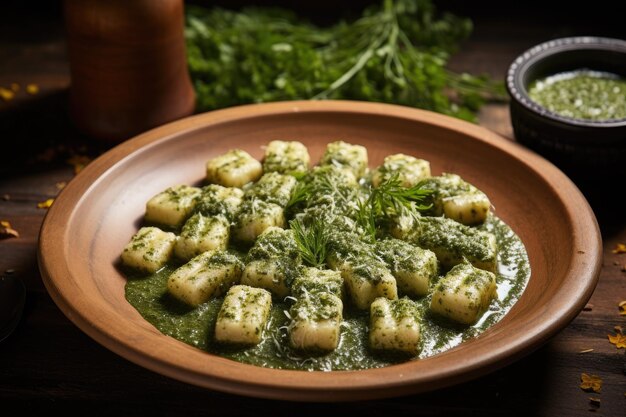 Gnocchi mit Kräutern und Soße auf einem Teller