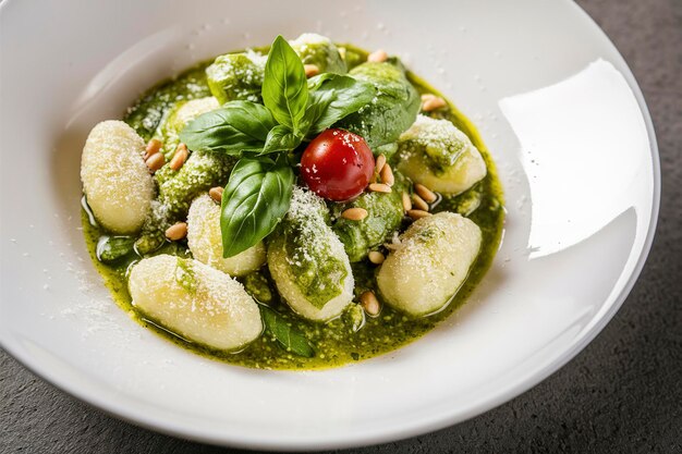 Gnocchi recém-feito com molho de pesto de manjericão verde