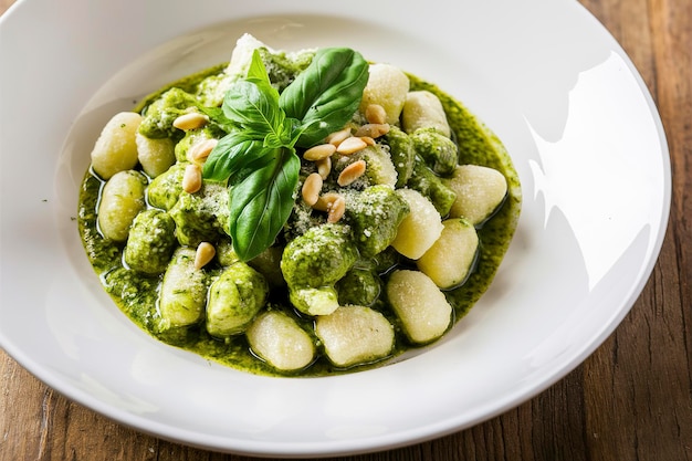 Gnocchi recién hecho con salsa de pesto de albahaca verde